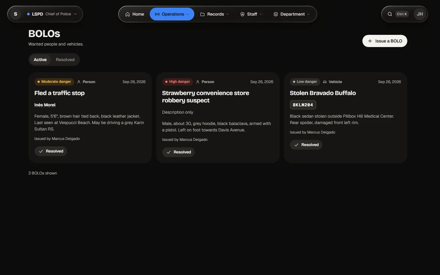 The BOLOs module: active BOLOs