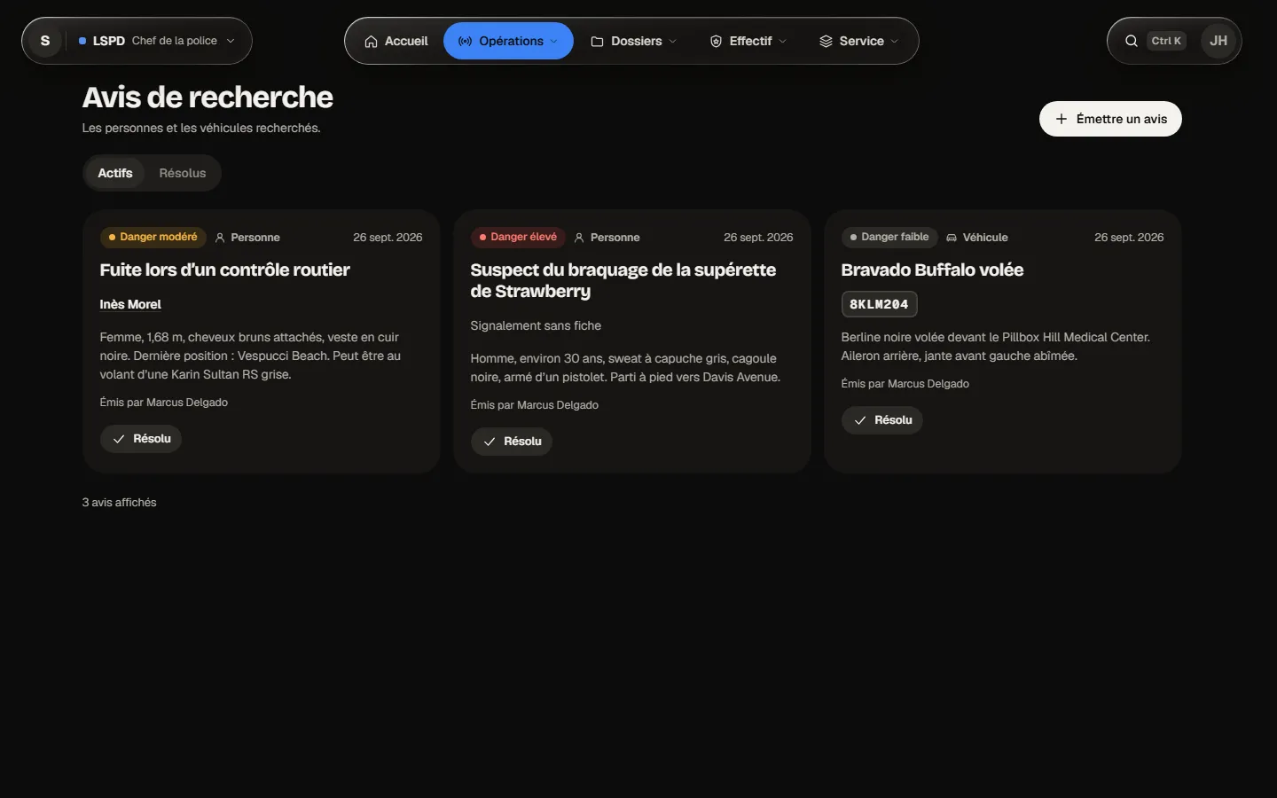 Le module Avis de recherche : les avis actifs