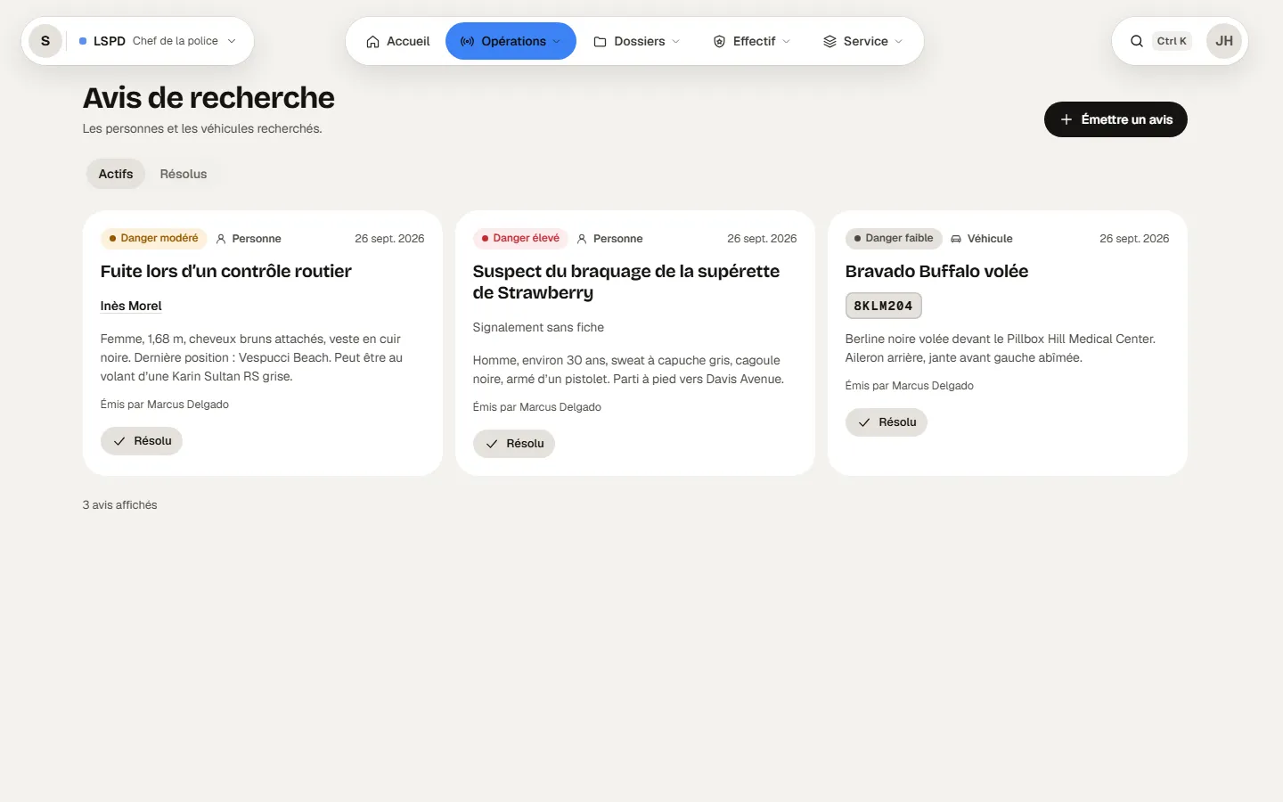 Le module Avis de recherche : les avis actifs