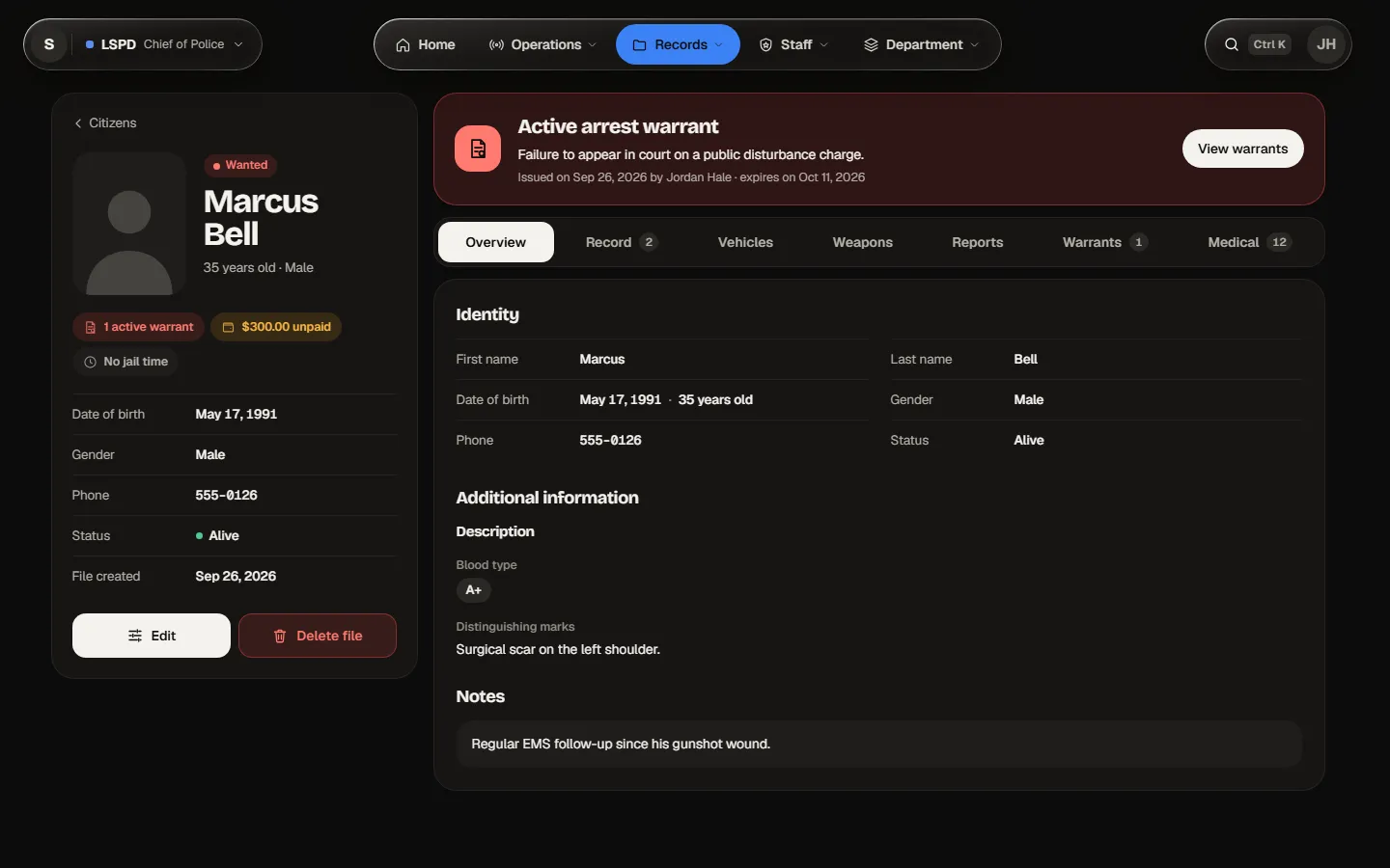 Marcus Bell’s file, on the Overview tab