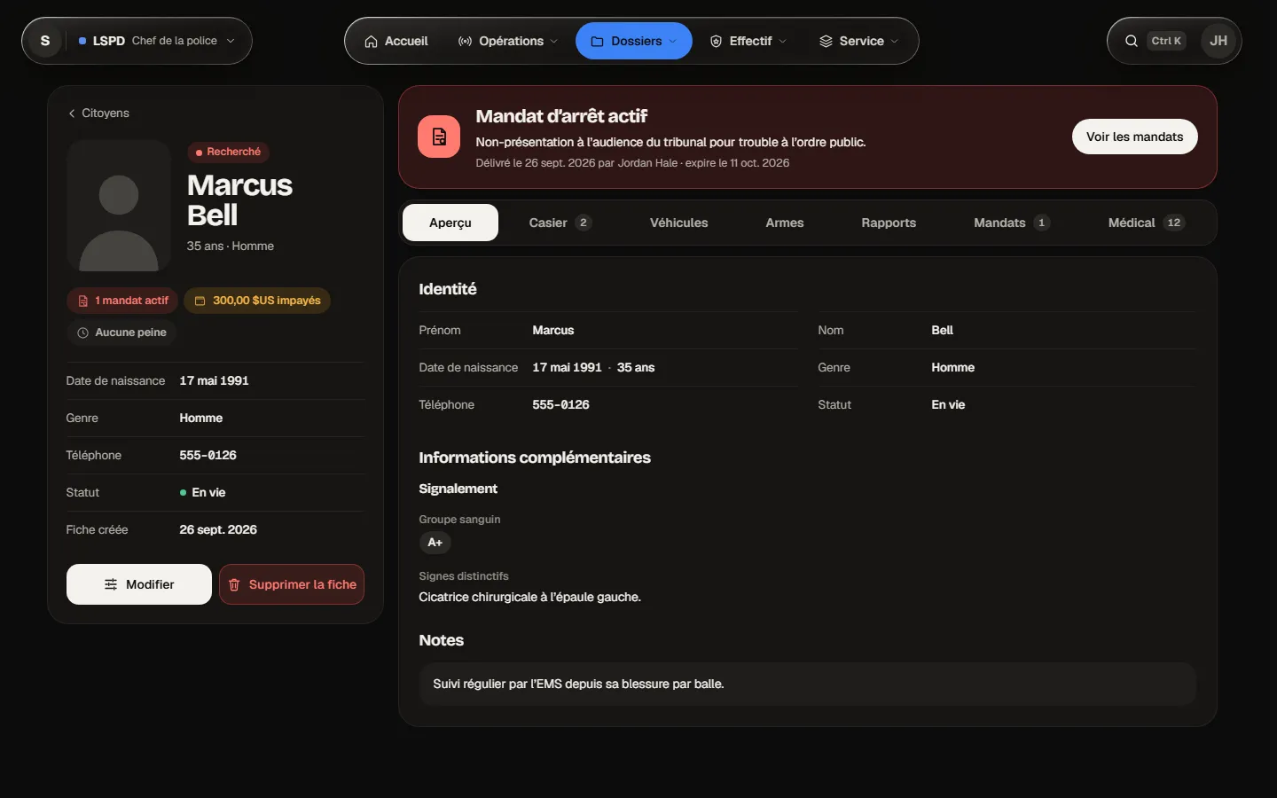 La fiche de Marcus Bell, sur l’onglet Aperçu
