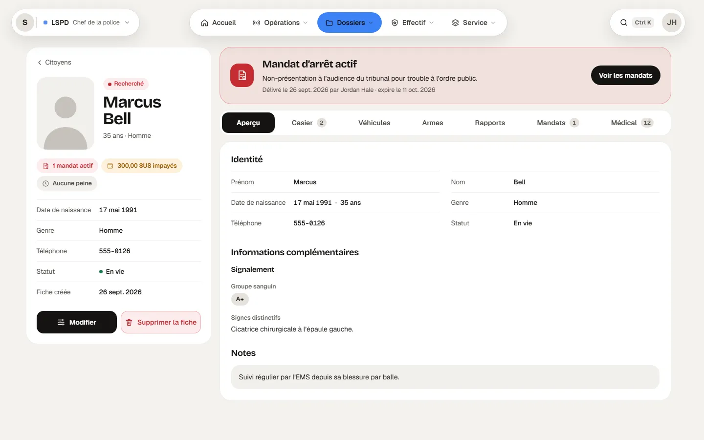 La fiche de Marcus Bell, sur l’onglet Aperçu