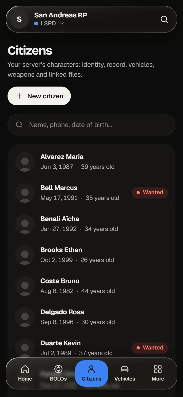 The list on a phone