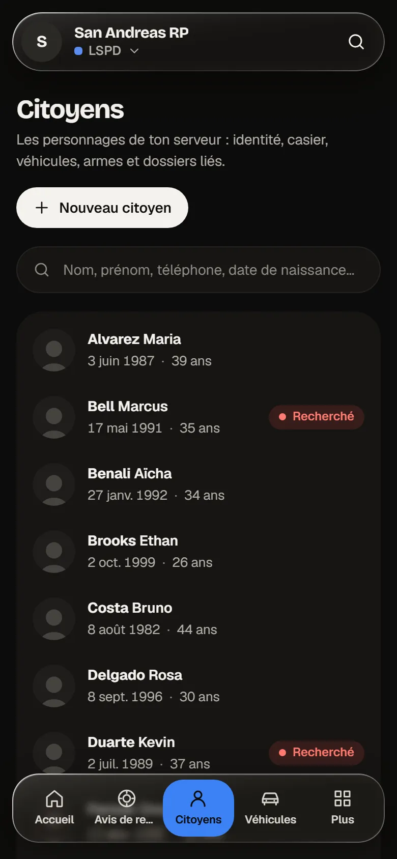 La liste sur téléphone