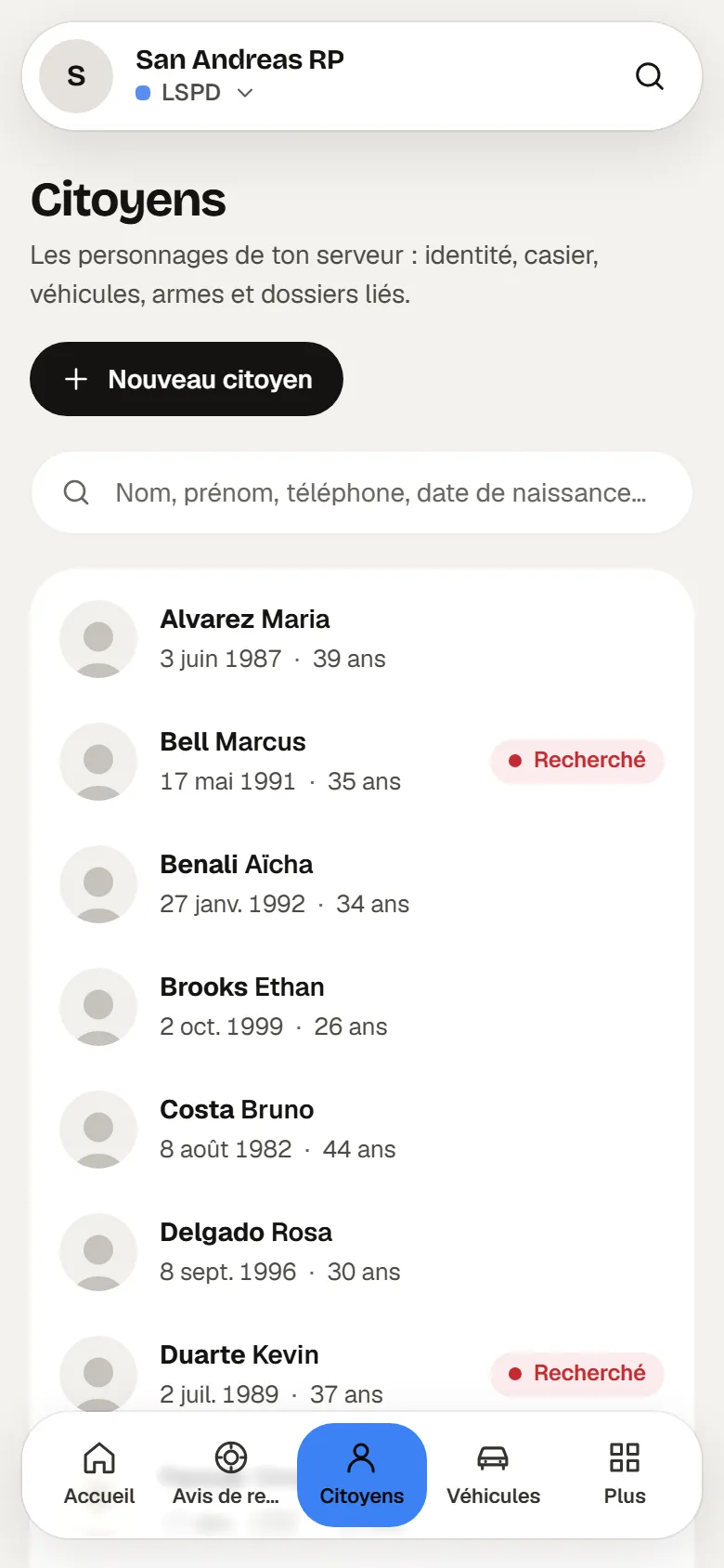 La liste sur téléphone