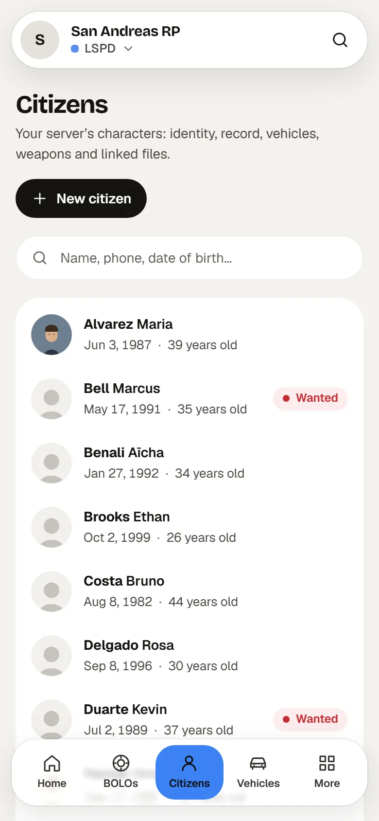 The list on a phone
