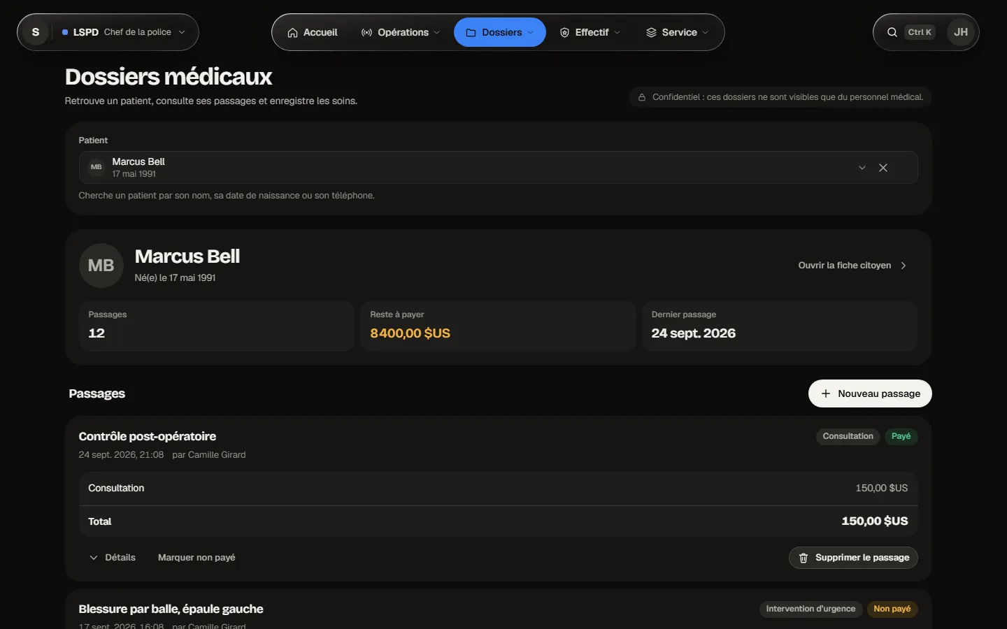 La fiche médicale de Marcus Bell