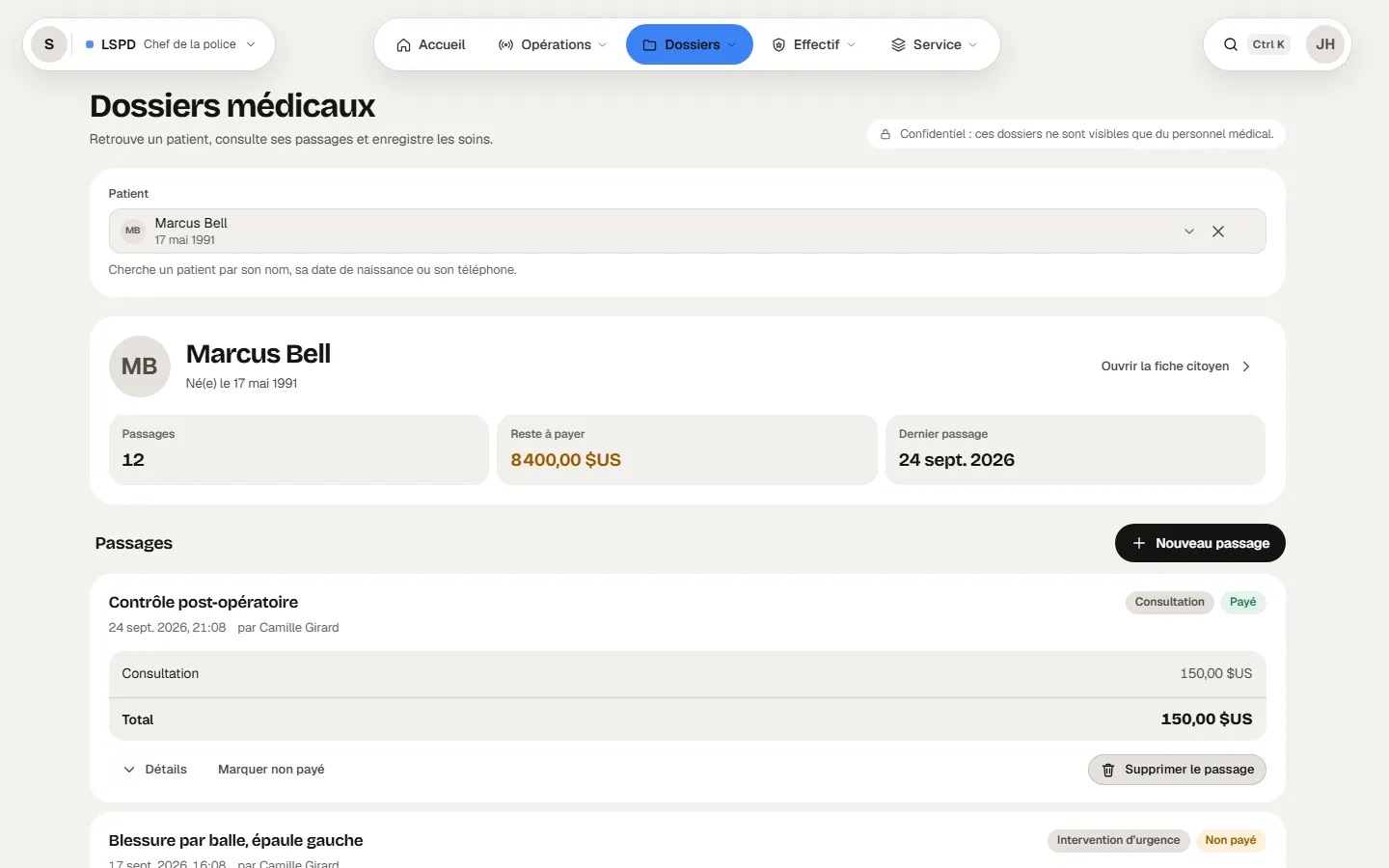La fiche médicale de Marcus Bell