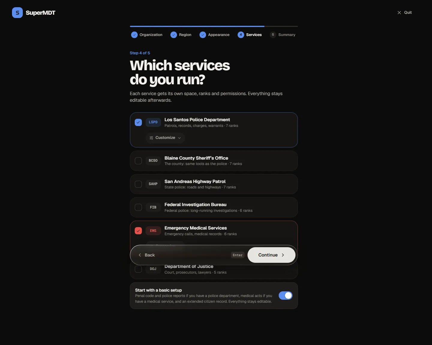 The six service templates, in the creation wizard