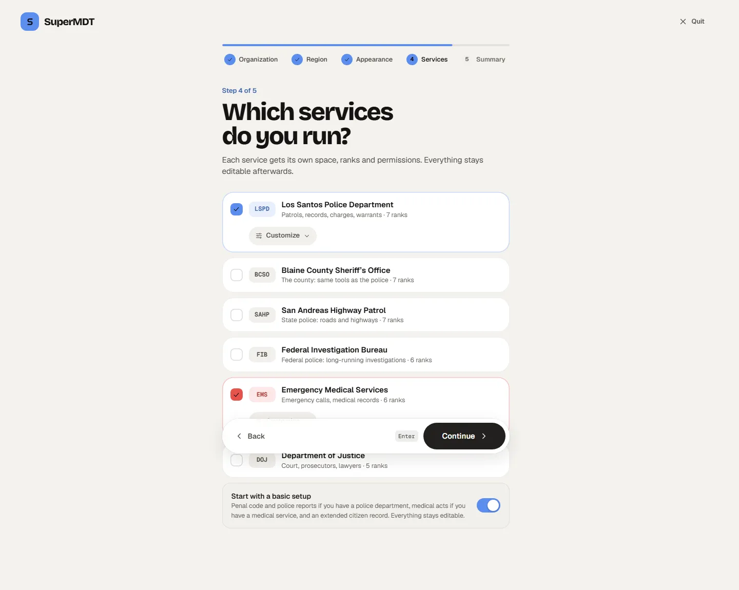 The six service templates, in the creation wizard