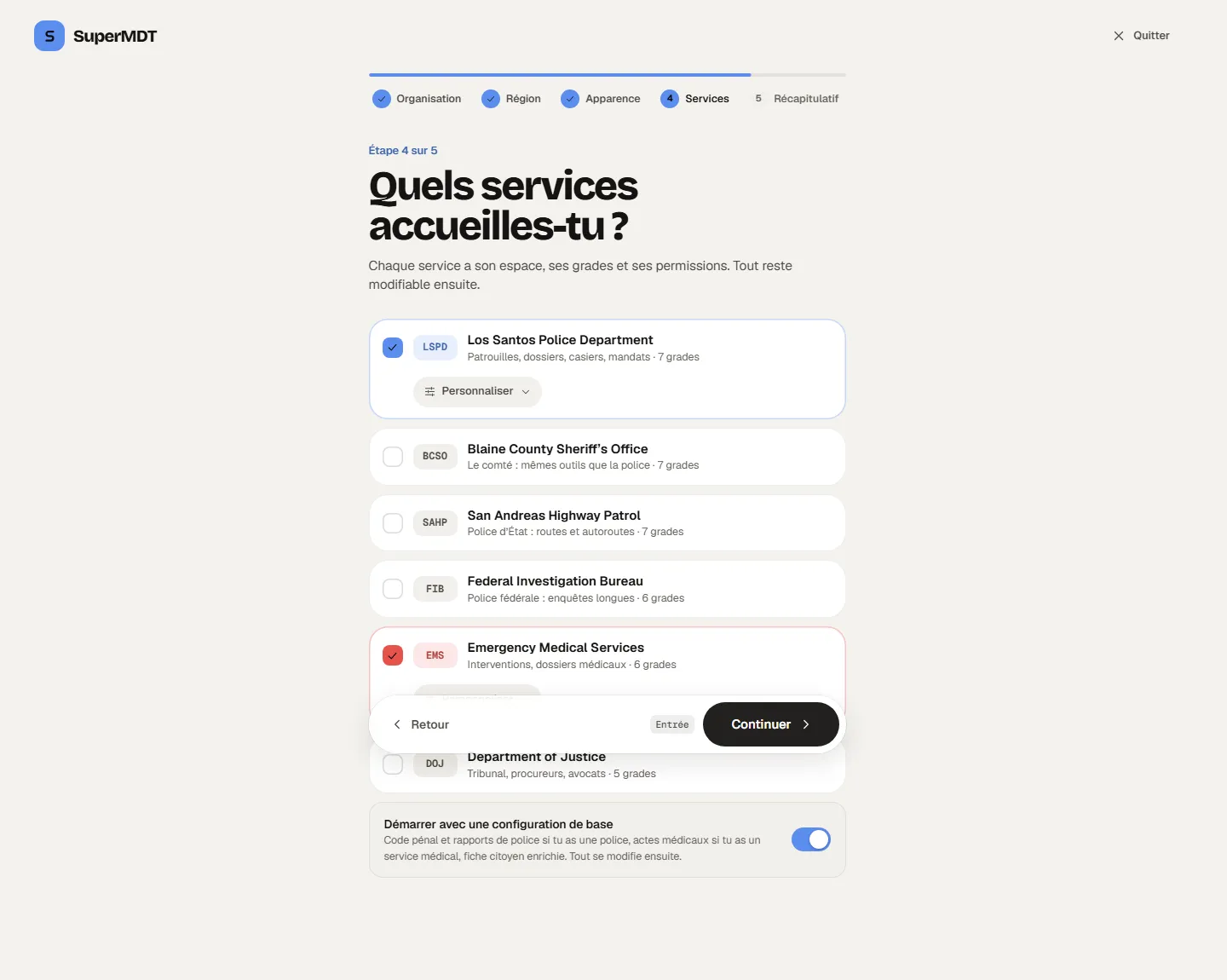 Les six modèles de service, dans l’assistant de création
