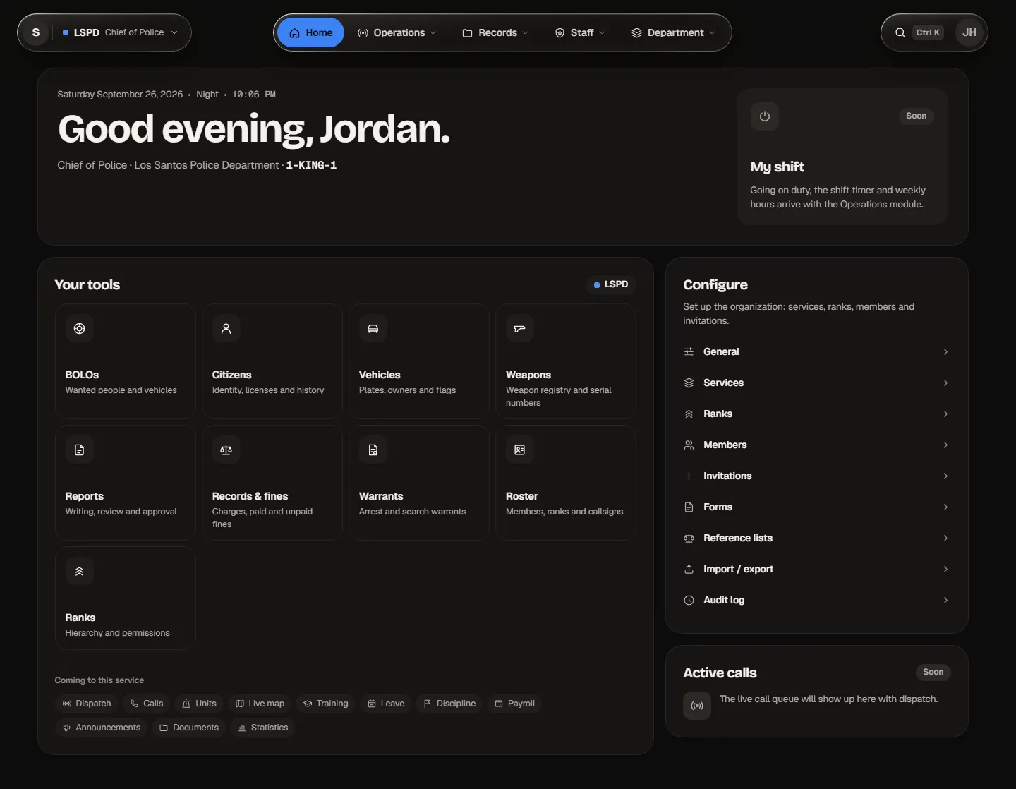 An organization’s home: your tools, settings and service activity.