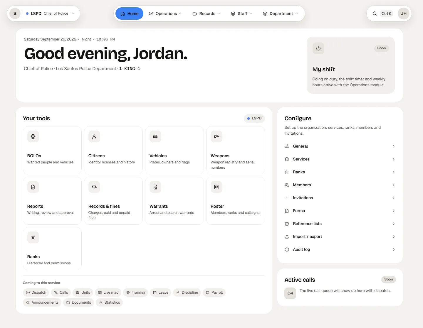 An organization’s home: your tools, settings and service activity.