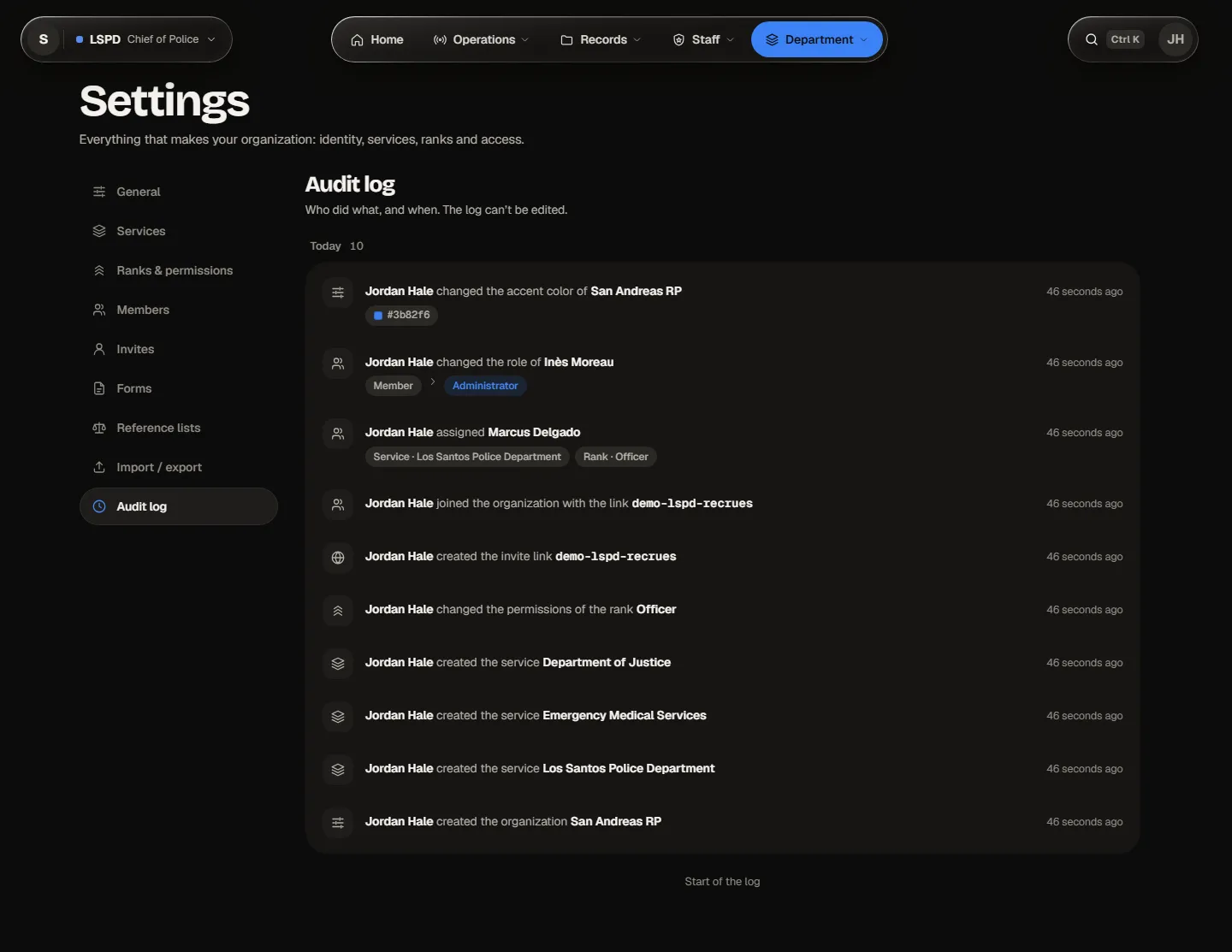 Settings › Audit log