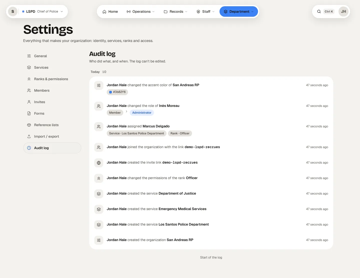 Settings › Audit log