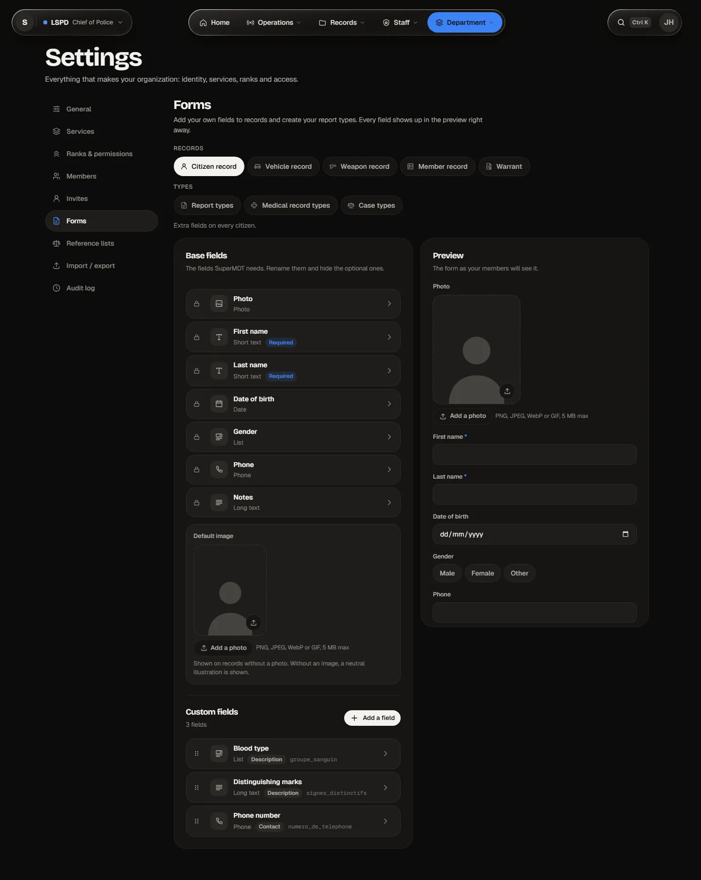 The citizen record: its fields on the left, the live preview on the right