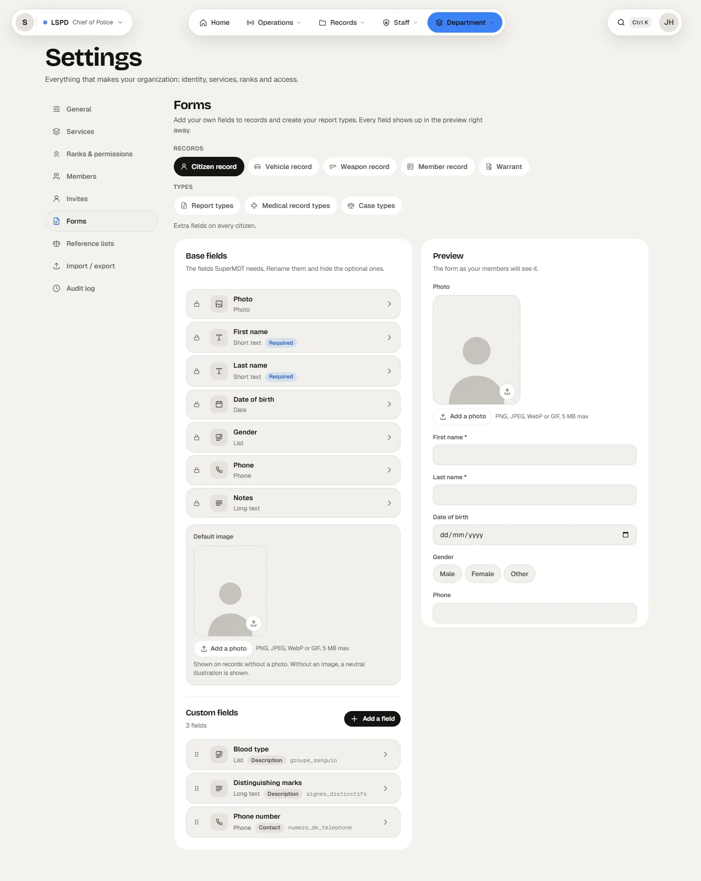 The citizen record: its fields on the left, the live preview on the right