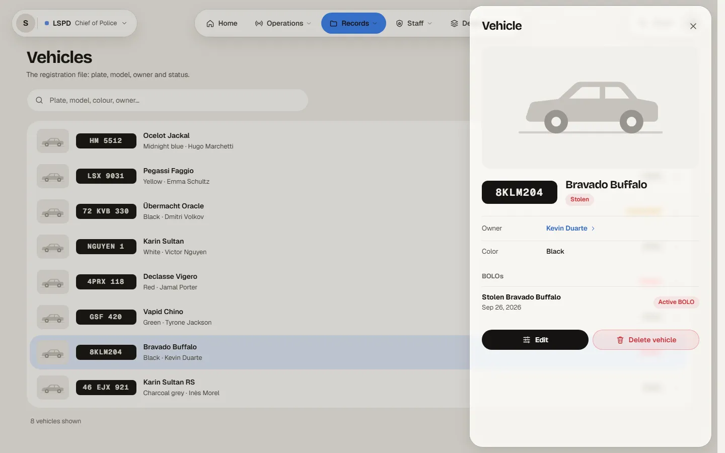 The record of vehicle 8KLM204, reported stolen