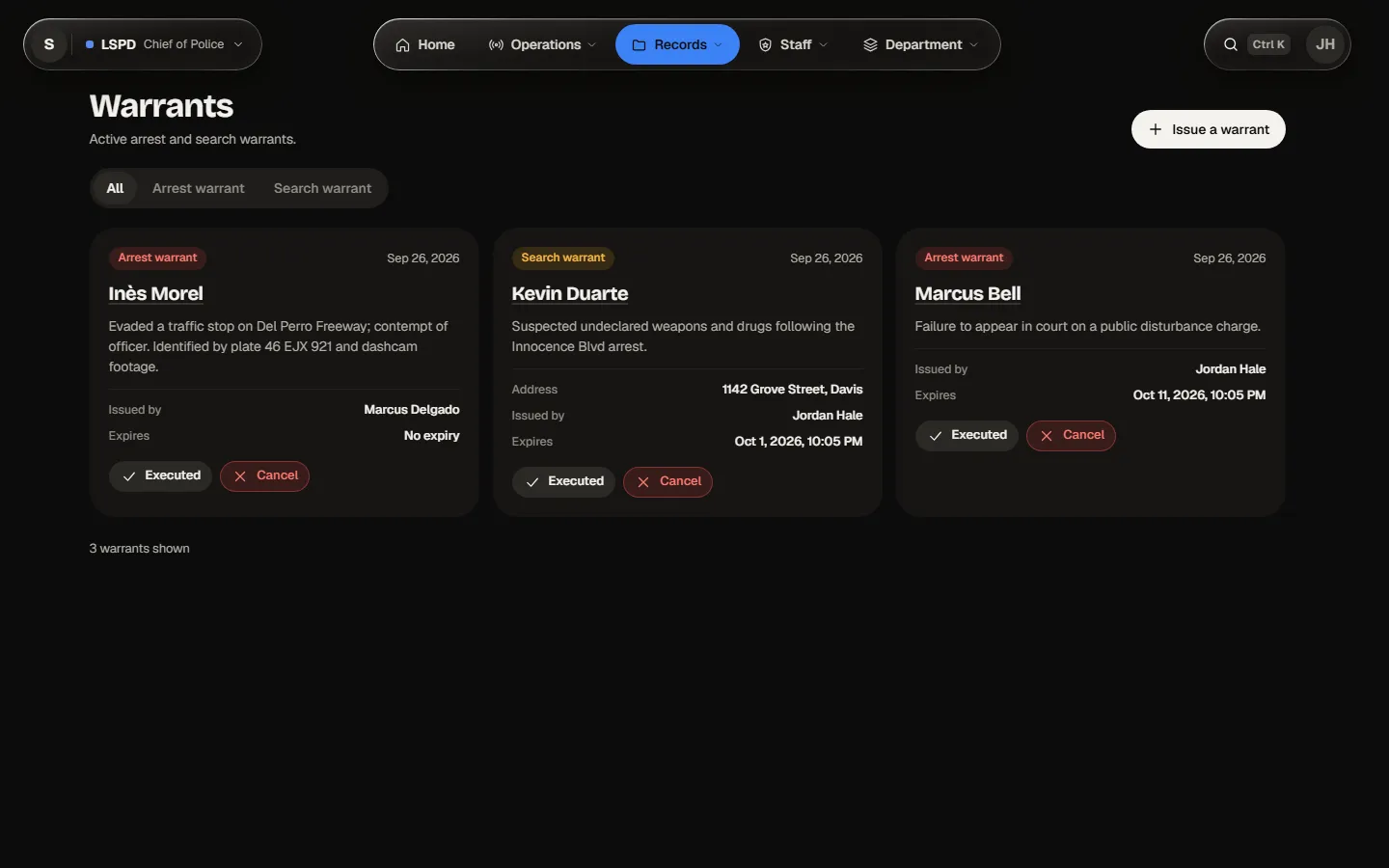 The Warrants module: active warrants